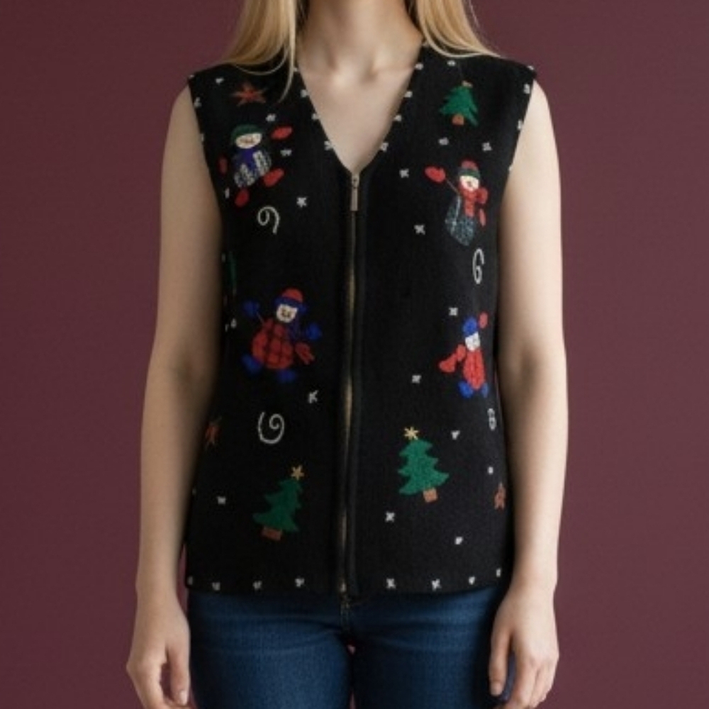 VTG Patchwork Snowman Embroidered Ugly Christmas Holiday Sweater Zipper Vest
